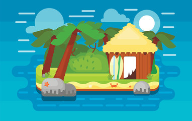 Paradise island, colorful cute vector illustration. Island with palm trees and houses. Vector illustration in flat style.