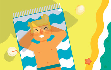 Man sunbathes on the beach under the sun. Concept of holiday at sea. Vector illustration in flat style.