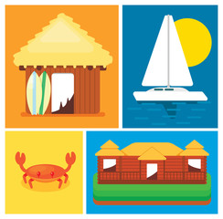 Elements of the concept leisure on island. House, sailing boat, crab, cottage. Vector illustration in a flat style.