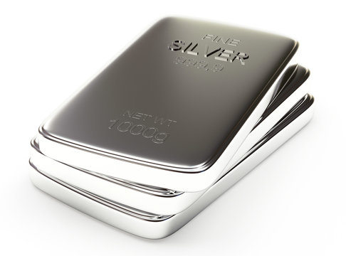 Stack of flat silver bars isolated on a white background