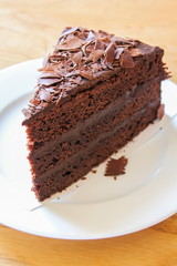 A piece of soft chocolate cake on white plate.