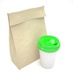 Coffee to go and lunch bag, on white. 3D rendering.