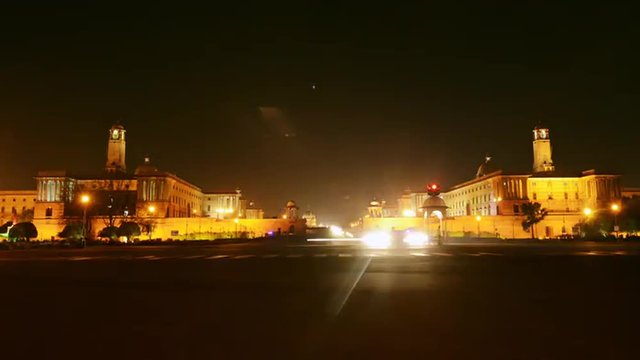Fast motion shot of traffic moving in front of the Rashtrapati Bhavan, New Delhi, India 