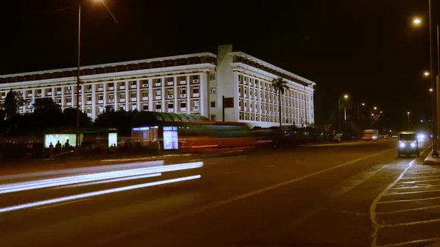 Fast motion shot of traffic moving at night, New Delhi, India 