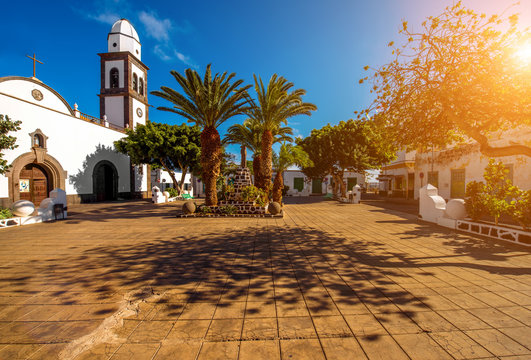 Central old square with San Gines church in Arrecife city on Lanzarote island in Spain