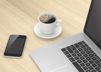 Fototapeta na wymiar Laptop smartphone and coffee cup on wood table. 3D rendering.