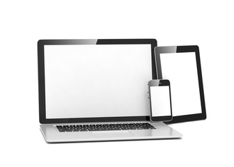 laptop, tablet, phone, on white. 3D rendering.