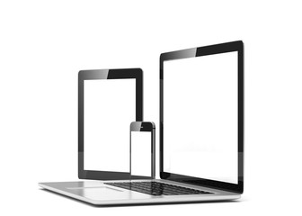 laptop, tablet, phone, on white. 3D rendering.