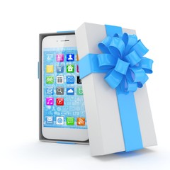 Smartphone in gift box. Isolated on white background. 3D rendering.