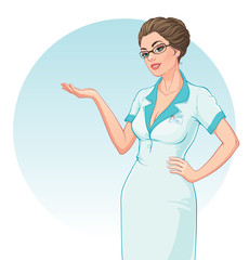 Vector illustration. Attractive young doctor showing or explains something.