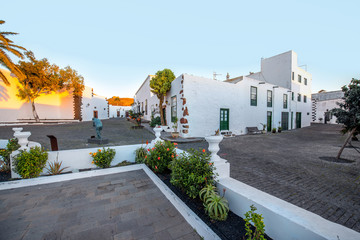 Street view in Teguise village on the sunset on lanzarote island
