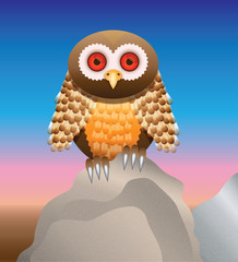 A funny owl on a rock at sunset with a view on the valley