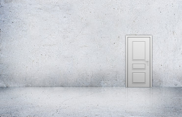 Concrete room with empty wall and wooden door