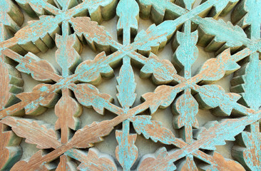 Wood ornament with remains of turquois color - Traditionel decoration in South Korea