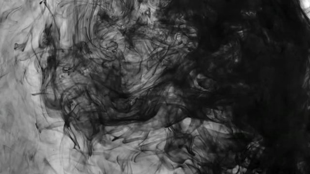 Looping background of swirling ink seen underwater in a glass tank.  Locked off, desaturated clip with white background, originally recorded in 4K.