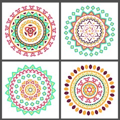 Collection of bright colorful geometric round ethnic decorative elements. Vector mandala backgrounds with bohemian, Oriental, Indian, Arabic, Aztec motifs.