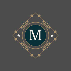 The letter M. Flourishes calligraphic monogram emblem template. Luxury elegant frame ornament line logo design vector illustration. Example designs for Cafe, Hotel, Heraldic, Restaurant, Boutique