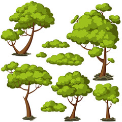 Set of funny cartoon trees and green bushes. Vector illustration.