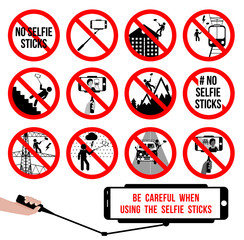 Set no selfie sticks. Selfie prohibited sign. Vector