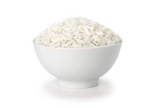 cooked rice in white cup or bowl with clipping path
