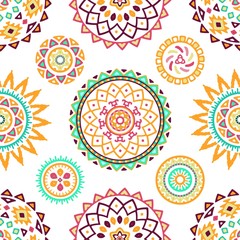 Seamless pattern of bright colorful geometric round ethnic decorative elements. Vector mandala...