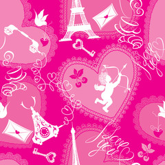 Love concept - seamless pattern with lace hearts, cup of coffee,