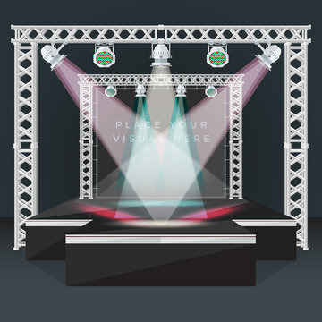 color flat podium stage banner back lights truss illustration.