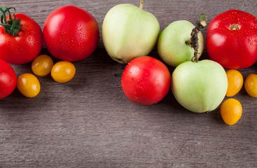 Vegetables and fruits on wooden table