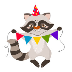 isolated raccoon for happy birthday card. Vector illustration