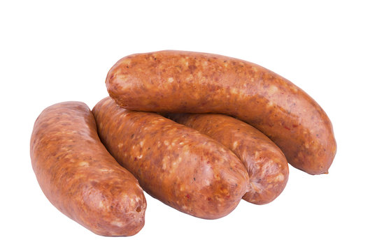 Group Of Raw Sausage Isolated On White Background.