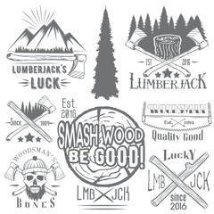 Vector set of lumberjack and woodsman vector labels in vintage style. Wood work, manufacture emblems templates.