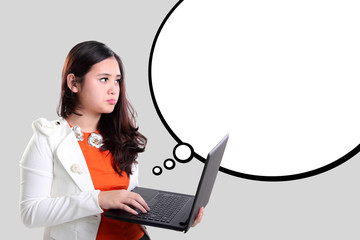 Office girl looking at white comic bubble