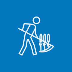 Man mowing grass with scythe line icon.