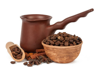 coffee beans into a bowl isolated