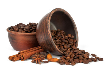 coffee beans into a bowl isolated