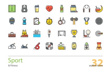 Set of outline Sport and Fitness colorful icons.
