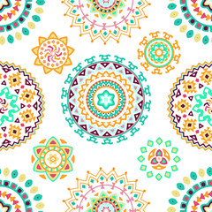 Seamless pattern of bright colorful geometric round ethnic decorative elements. Vector mandala background with bohemian, Oriental, Indian, Arabic, Aztec motifs.