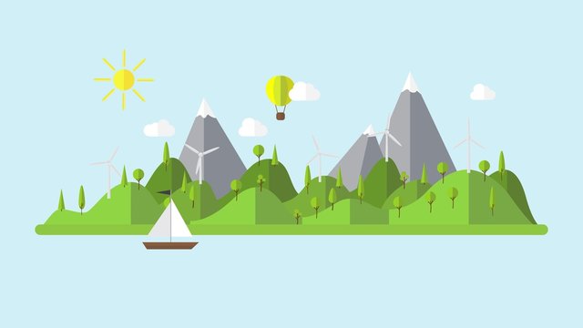 green ecology flat landscape with wind power plant and sailing boat 4k cartoon animation