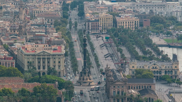 Barcelona cityscape early foggy morning timelapse. 