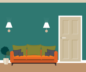 living room with door and sofa