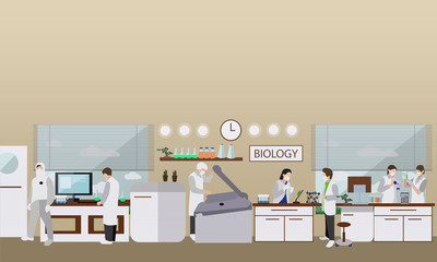 Scientist working in laboratory vector illustration. Science lab interior. Biology education concept.