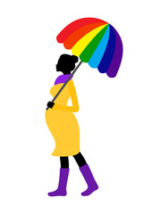 Pregnant woman silhouette with rainbow umbrella and rubber boots