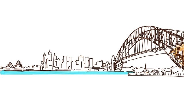 Sydney Downtown Panorama Freehand Drawing Animation with Skyscrapers Harbour Bridge in Foreground, looping