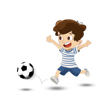 Niño jugando al fútbol en el parque. Corre tras la pelota