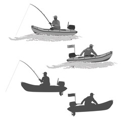 head coach of the club fishermen rides on a rubber boat with a motor. fisherman in a boat catches a fish
set of silhouettes. totally vector illustration
