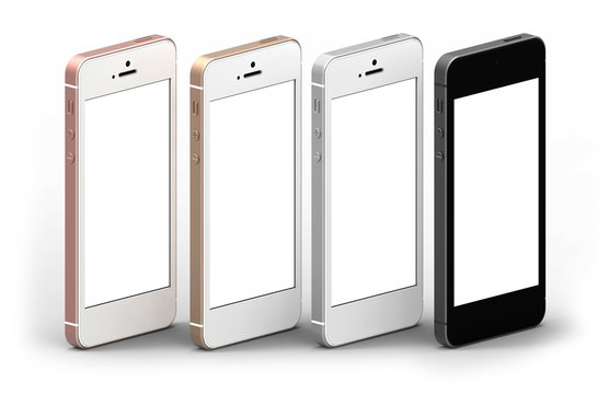 Set of four smartphones gold, rose, silver and black with blank screen. Real camera, high resolution, Template, mockup.
