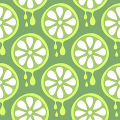 Seamless vector pattern with fruits. Symmetrical background with closeup limes on the green backdrop. Series of Fruits and Vegetables Seamless Patterns.