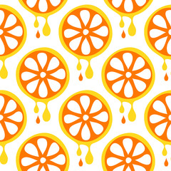 Seamless vector pattern with fruits. Symmetrical background with closeup oranges on the white backdrop. Series of Fruits and Vegetables Seamless Patterns.