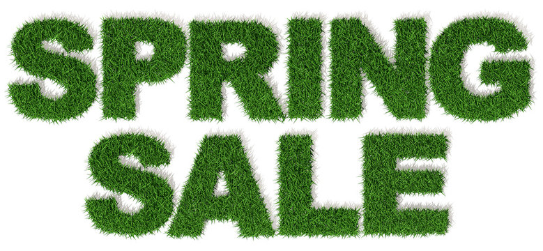 Saldi e sconti di primavera, spring sale, 3d prato erba verde, sfondo bianco