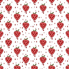 Seamless vector pattern with fruits. Symmetrical background with strawberries on the white backdrop. Series of Fruits and Vegetables Seamless Patterns.
